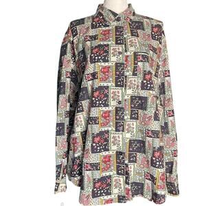 Vintage Krazy Kat Cotton Floral Patchwork Button Down Long Sleeve Blouse Size L